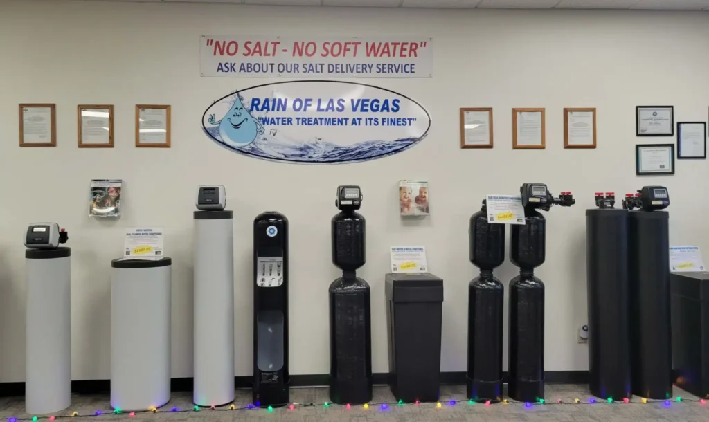 A lineup of water softening systems in our Las Vegas showroom