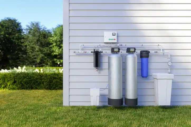 A graphic of a water conditioning system visible outside a home