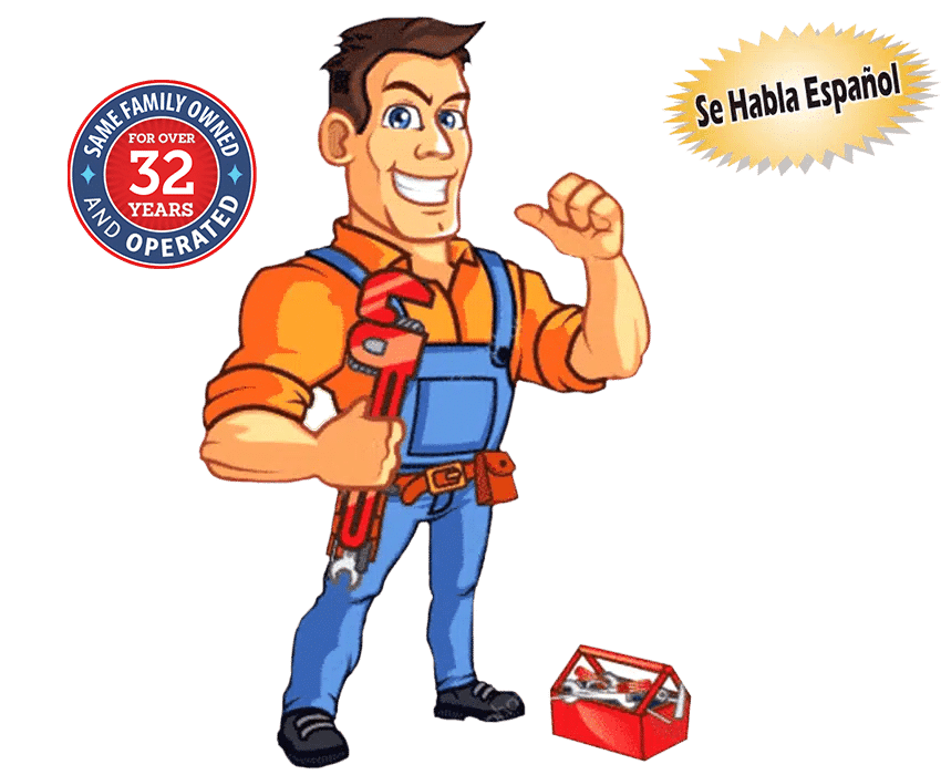 A cartoon water softener repair man with a 31 Year Family Owned and We Speak Spanish badge