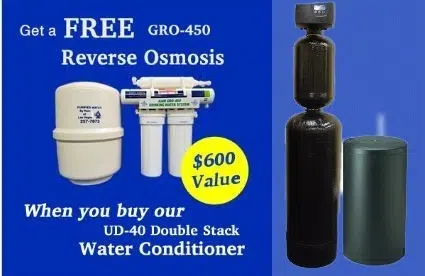 A graphic advertising a free reverse osmosis system with a purchase of a UD-40 double stack water conditoner